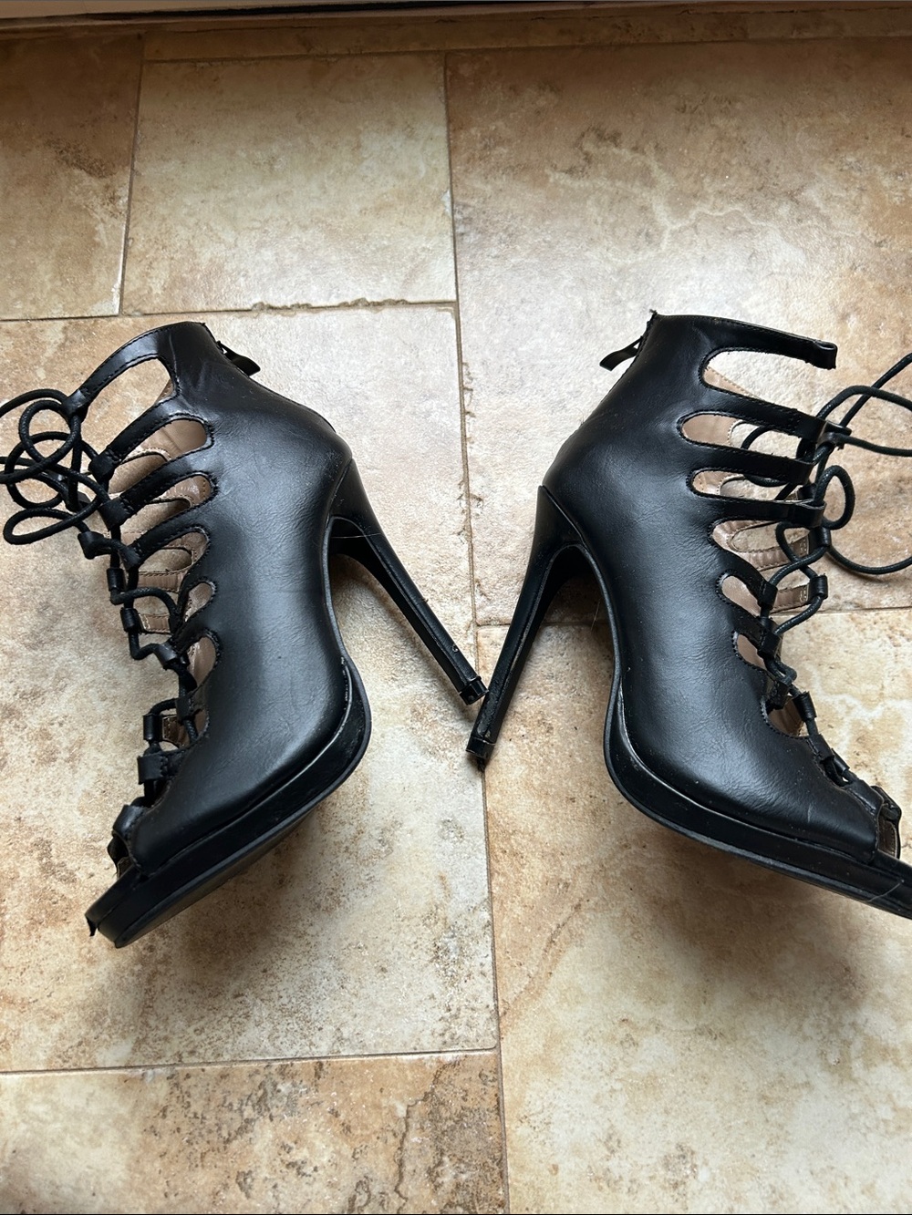 Black Lace-Up Cutout Stiletto Heels